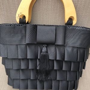 Black Ribbon Clutch with Tassel & Wooden Handles